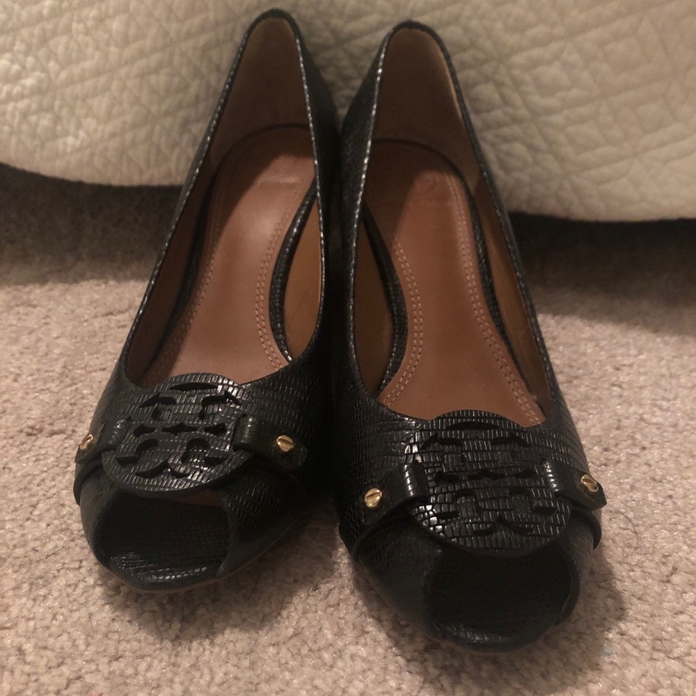 Black Tory Burch peep toe wedge